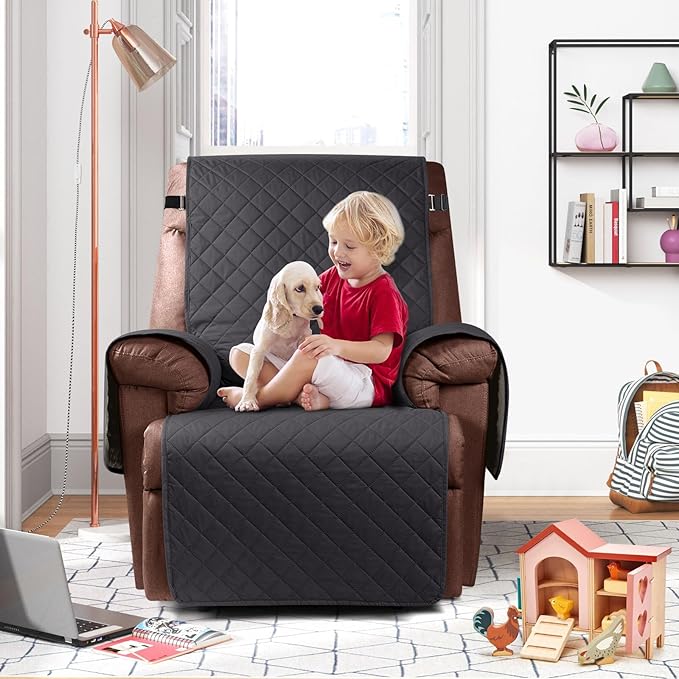 KinCam 100% Waterproof Recliner Chair Cover, Reclining Couch Covers for Pets, Dogs, Recliner Couch Slipcover Furniture Protector with Elastic Straps for Kids(30", Charcoal Gray)