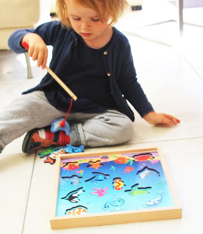 TOWO Wooden Fishing Game-Magnetic Fishing Puzzles with Numbers Jigsaw Puzzle- Sea Creatures Kids Fishing Game Educational Toys for 3 Years Old Math Toy Montessori Materials