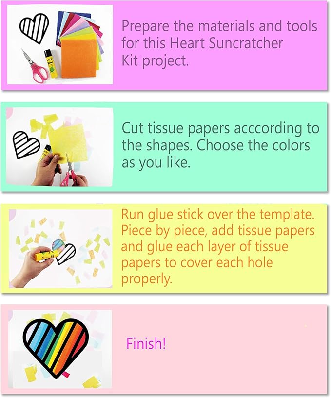 VHALE Suncatchers Craft 3 Sets (9 Cutouts) w Tissue Papers Stained Glass Effect Paper Sun Catcher Kit, Window Art, Classroom Crafts, Creative Art Projects, Kids Party Favors (Valentine Heart)