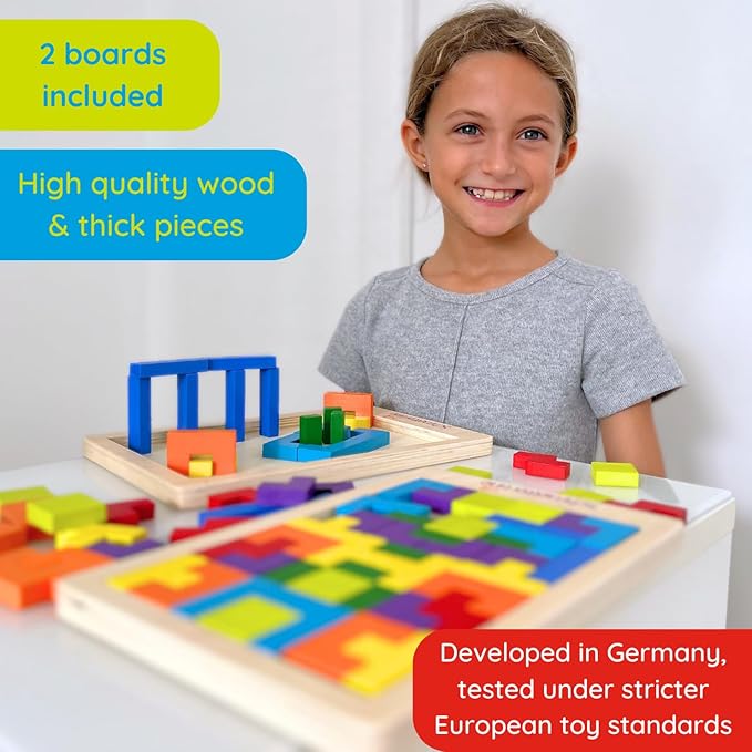 Wooden Puzzle Montessori Toy Boost The Intelligence and Logic of Your Kid 3D Blocks STEM Game Educational Gift for Kids 2 Boards & Spare Parts incl. (88 PCS)