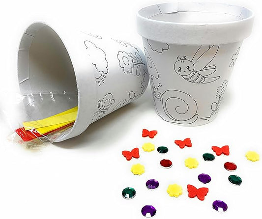 Deluxe Classroom Bulk 12 Pack of Decorate Your Own DIY Cardstock Craft Flower Pots with Hundreds of Foam Flowers and Bugs, and Acrylic Gems and Jewels