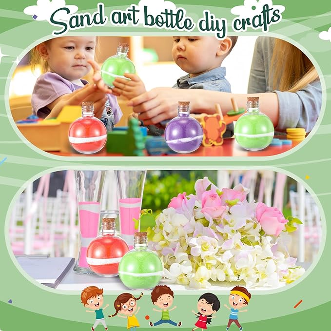65 Pcs Plastic Sand Art Bottles with Corks Include 20pcs 3.4oz Sand Art Bottles, 40 Colored Art Sand, 5 Plastic Funnels Plastic Clear Containers for Sand Art Fun Arts Crafts Supplies (Round)