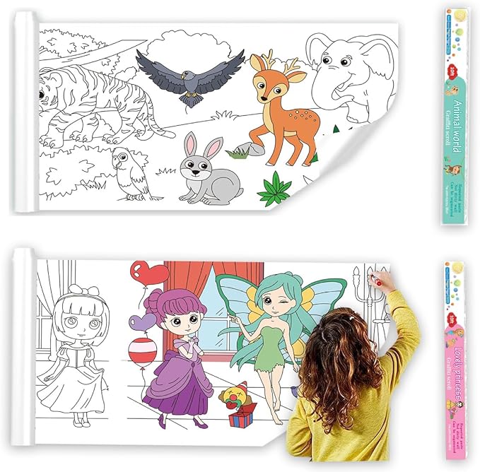 Large Size Coloring Paper Roll for Kids, Toddler Drawing Paper Roll,DIY Sticky Wall Painting Color Filling Paper 120 * 15 Inch (Animal & Princess)
