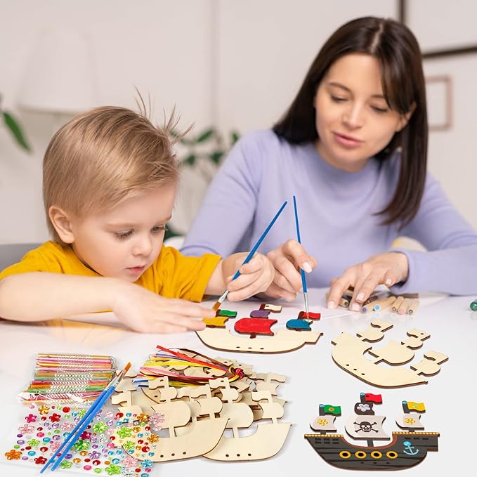 Fennoral 10 Pack Wind Chime Kit for Kids Make Your Own Pirates Ship Wind Chime Wooden Arts and Crafts for Girls Boys Ornaments DIY Coloring Ship for Art Activity Birthday Spring Party Decoration