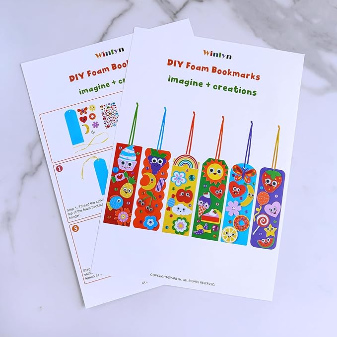 Winlyn 36 Sets Cute Crafts Kits DIY Colorful Whimsical Bookmarks Decorations Art Sets Fruits Sweet Treats Animals Sun Rainbow Foam Stickers for Kids Classroom Activities Reading Rewards Party Favors