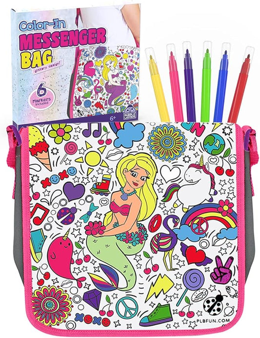 PURPLE LADYBUG Color Your Own Bag with 6 Markers Craft Set - Unique Mermaid Crafts for Girls Ages 6-8 & Mermaid Gifts for Girls, Craft Kits for Girls Ages 6-8, Girls Valentines Easter Gifts for Kids