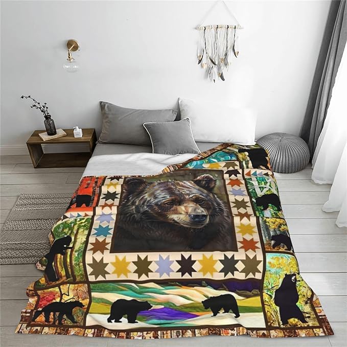 Black Bear Throw Blanket Rustic Brown Farmhouse Plush Bed Blanket Countryside Woodland Animal Soft Cozy Fleece Plush Warm Flannel Bedding Blanket for Boys Kids Teens Adults Couch Travel 50"X60"