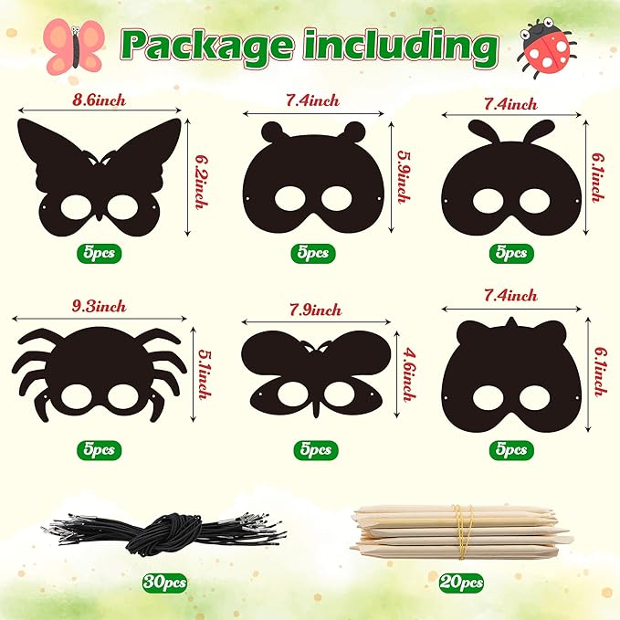 CY2SIDE 30PCS Insects Scratch Masks for Kids Spring Insects Color Scratch Masks for Kids Bugs Party Favors DIY Butterfly Bees Face Magic Art Rainbow Color Paper Craft Kits for Classroom Art Project