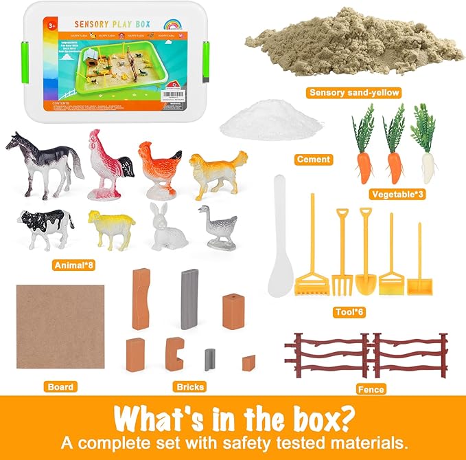 Farm Sensory Toys, Sensory Bins for Toddlers, Preschool Farm Sensory Toys with Sensory Sand, Bricks, Farm Animals, Farm Tools,Farm Sand Play Set for Boys and Grils……