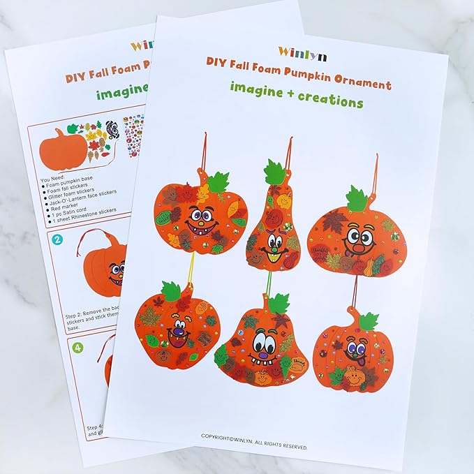 Winlyn 30 Sets Fall Halloween Pumpkin Decorations DIY Pumpkin Craft Kits Foam Pumpkin Shapes 8" W and Smile Fall Leaves Glitter Leaves Pumpkin Decorating Stickers for Kids Classroom Party Activities