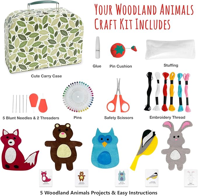 Woodland Animals Kids Sewing Kit, Educational Beginner Arts & Crafts Gift for Boys and Girls Ages 7 to 13 DIY Learn to Sew Embroidery