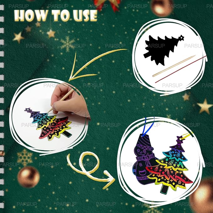 96Pcs Christmas Tree Snowman Scratch Paper Rainbow Color Scratch Ornaments Christmas Decorations Hanging Craft Art Kits with Wooden Stick and Ribbon for Kids Christmas Winter Party Favors