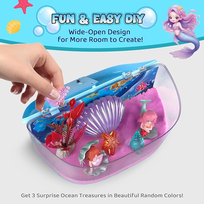 Mermaid Terrarium Kit Gifts for Kids - DIY Night Light Up with Remote - Sand Arts and Crafts for Girls Ages 4 5 6 7 8-12 + Year Old Fun Easter Mermaid Birthday Decorations Toys