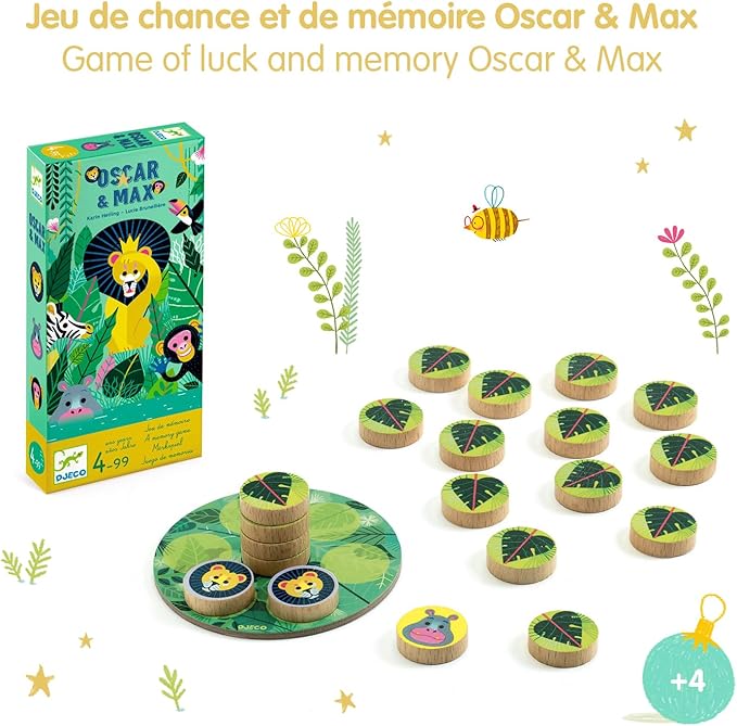 DJECO Oscar & Max Board Game - Jungle Adventure with Memory Challenge - Includes 37 Wooden Game Pieces - Fun Educational Family & Children Bonding Activity - Toys for Boys & Girls, 4+ Years
