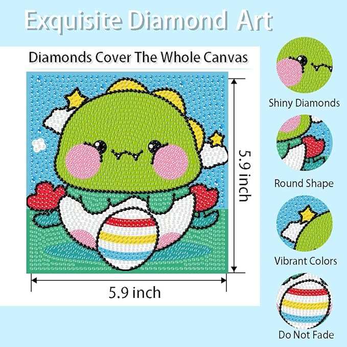 FQOVKYN 4 Pcs Cute Animals Diamond Art Kits for Kids Age 6-12, DIY Cartoon Dinosaur Diamond Art Painting for Adults Beginner, 5D Kids' Mosaic Kits Full Round Drill Gem Art for Kids 6X6 inch