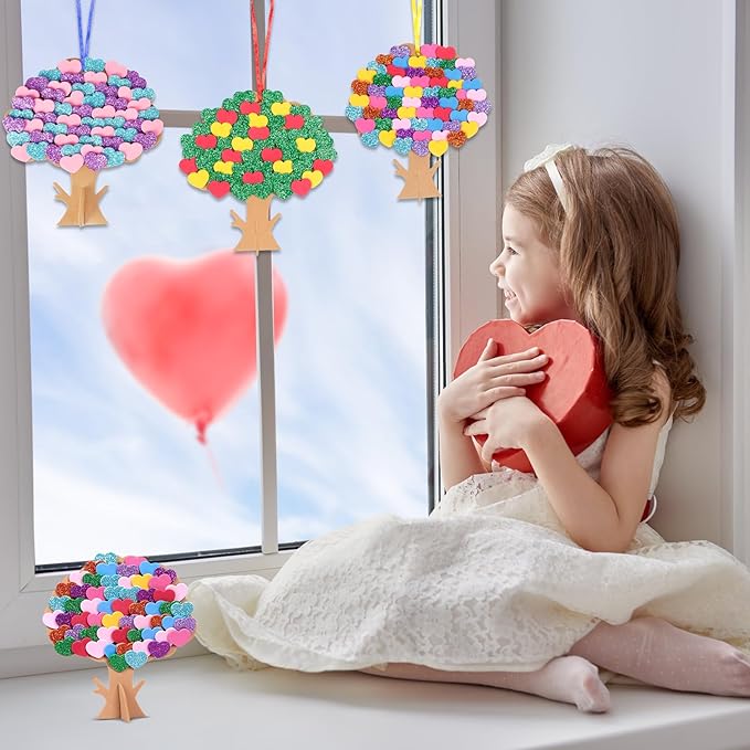 Fennoral 12 Pack Mother's Day Craft Kits for Kids Make You Own Love Heart Tree Foam Stickers DIY Mother's Day Arts and Crafts for Girls Boys Art Project Valentine's Day Gifts Mothers Day Decorations