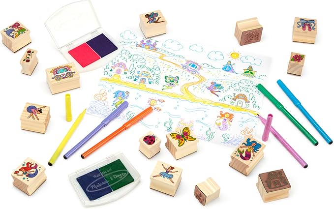 Melissa & Doug Deluxe Wooden Stamp and Coloring Set – Fairy Tale (30 Stamps, 6 Markers, 2 Durable 2-Color Pads) - Fairy Tale-Themed Stamps For Kids Activity Set