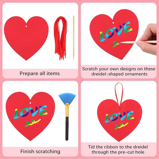 Liliful 60 Set Valentine's Day Craft for Kids Classroom Art Paper Scratch Off Valentine Cards Red Heart Shaped Magic Scratch Valentines Crafts for Kids Preschool