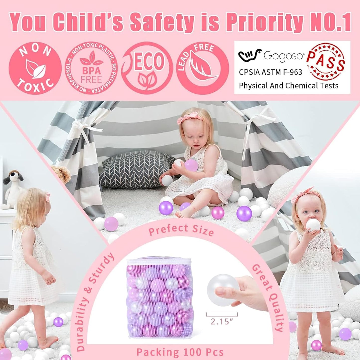 GOGOSO Ball Pits Balls for Toddlers Pack of 50 100 200 Plastics Shape Ball Non-Phthalate Non-BPA Non-Toxic 2.2-Inch Crush Proof Play Balls