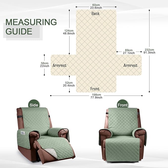 KinCam 100% Waterproof Recliner Chair Cover, Reclining Couch Covers for Pets, Dogs, Recliner Couch Slipcover Furniture Protector with Elastic Straps for Kids(23.6", Sage Green)