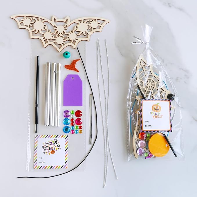 Winlyn 24 Sets Halloween Crafts Fall Crafts Halloween Bat Craft Kits DIY Wooden Bat Wind Chimes Ornaments Craft Kits for Kids Classroom Activities Art Project Halloween Decorations Party Favors