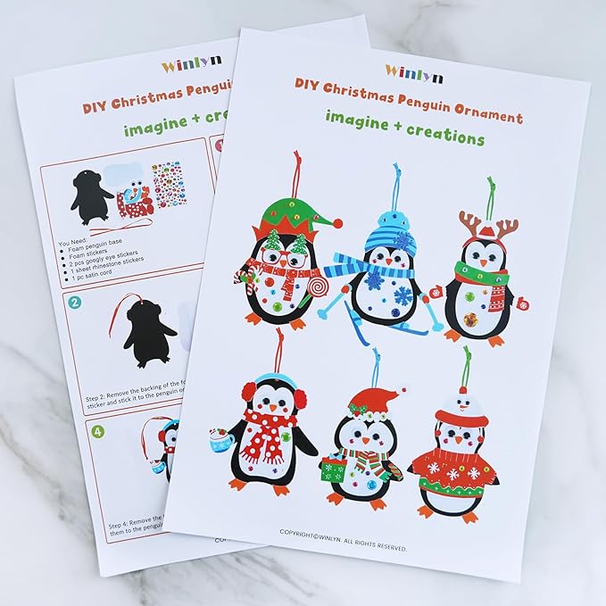 Winlyn 24 Sets Christmas Craft Kits Winter Crafts DIY Christmas Penguin Ornaments Decorations Art Sets Foam Penguin Christmas Stickers for Kids Holiday Festive Home Classroom Activities Party Favors