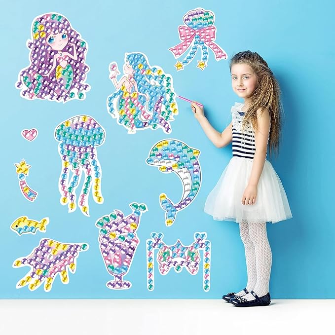 MEIEST 33 PCS Mermaid Diamond Art Painting Stickers Kit,DIY Mosaic Stickers by Numbers Arts and Crafts Set for Kids,Creative Handmade Gift