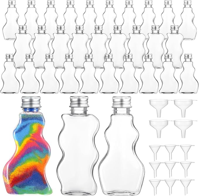 Yaomiao 30 Packs 2.5 oz Plastic Sand Art Bottles with Lids for Kids 3 Style Sand Art Clear Container for Sand Art Wedding Invitation Fun Art Craft Supply Boy Girl Decoration (Silver Lid,Aluminum Lid)
