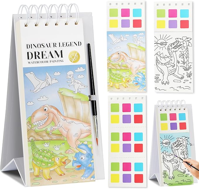 Watercolor Painting Book for Kids Ages 3-5, Water Painting Easel Book Comes with Brush,Toddler Painting Activities Ages 2-4, Art Craft Gift for Drawing (Dinosaur)