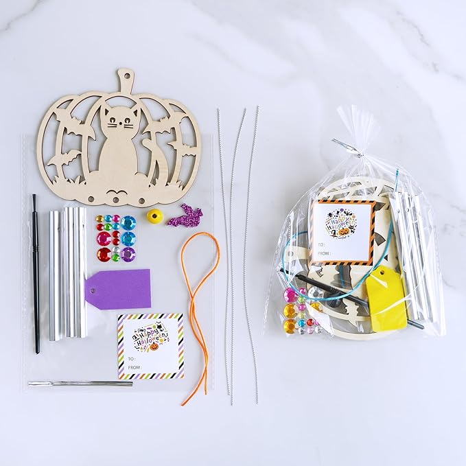 Winlyn 24 Sets Halloween Crafts Fall Pumpkin Crafts DIY Unfinished Paintable Wooden Pumpkin Wind Chimes Ornaments Craft Kits for Kids Classroom Activities Art Project Halloween Decoration Party Favors