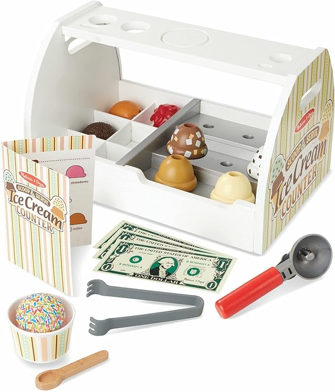Melissa & Doug Wooden Scoop and Serve Ice Cream Counter With Play Food and Accessories (28 Pcs) Pretend Food, Ice Cream Toys, For Kids Ages 3+