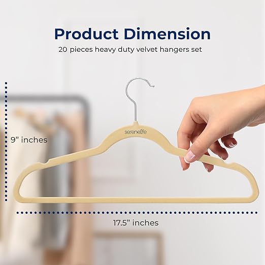SereneLife Velvet Hangers 20 Pack - Non-Slip Felt Hangers with 360° Swivel Hook - Ultra-Thin, Lightweight Velvet Hangers for Shirts, Sweaters, Hoodies, Kids Clothes & Dresses - Space-Saving, Ivory