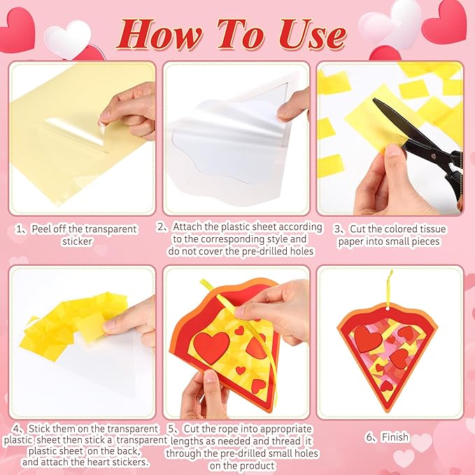 Tinlade 24 Pcs Valentine‘s Day Craft Kit Pizza Heart Shaped Suncatcher Craft Window DIY Tissue Paper Decoration Ornament for Classroom Valentines Party Favor Supplies