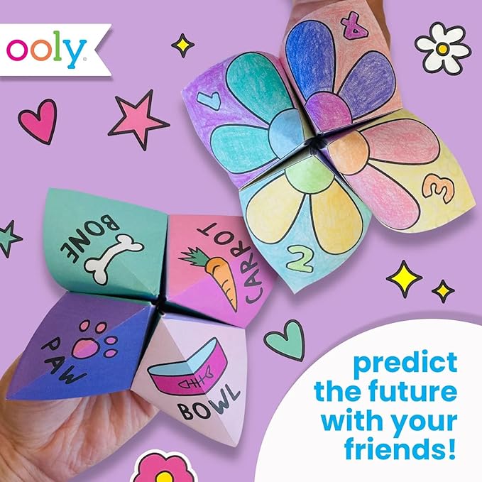 Ooly DIY Paper Kit, 24 Fortune Teller Designs & Stickers, Kit Includes 12 Completed, 6 Blank and 6 Color-in Folding Fortune Teller, Great Summer Arts & Crafts Activities