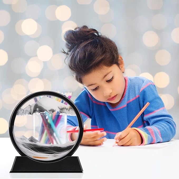 QLKUNLA Moving Sand Art Picture Liquid Motion 3D Deep Sea Sandscape in Motion Display Flowing Sand Frame Relaxing Desktop Home Office Work Decor Art Toys (7 inch, Black)