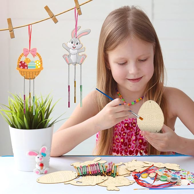 Fennoral 30 Pack Easter Wind Chime Kit for Kids Make You Own Bunny Egg Wind Chimes DIY Coloring Wooden Easter Art and Craft for Easter Hanging Ornaments Easter Party Decoration
