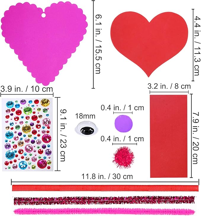 Winlyn 24 Sets Valentine's Day Heart Ornaments Decorations DIY Foam Heart Valentine Craft Kits Assorted Foam Heart Shapes Stickers Pom-poms Googly Eyes for Kids Classroom Art Activity Gift Exchange