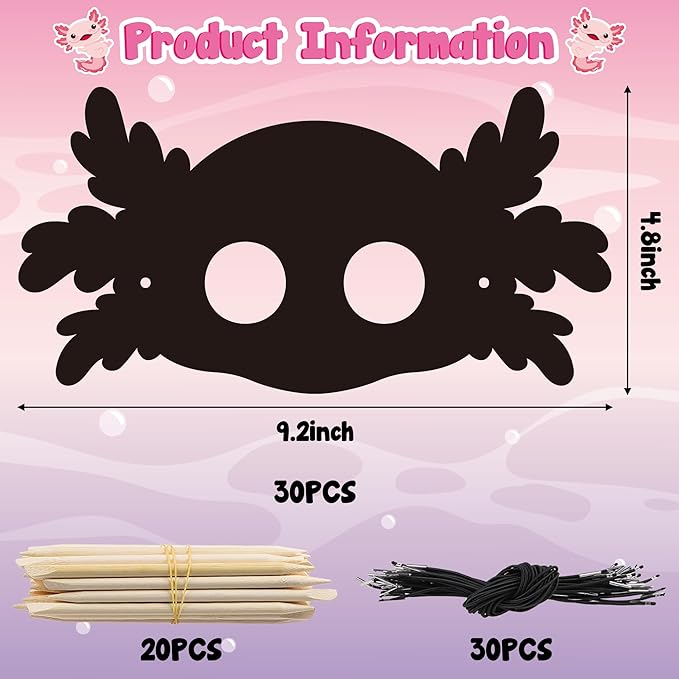 B1ykin 30Pcs Axolotl Scratch Mask Gift Set, DIY Magic Scratch Axolotl Masks Paper Art Craft Kit for Kids, Color Paper Party Favors for Girls Boys Birthday School Classroom Art Activity Project