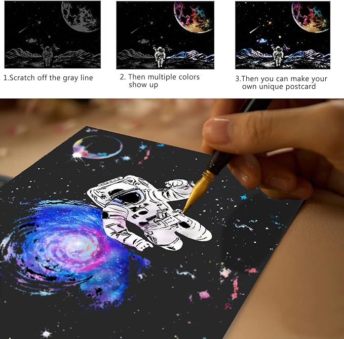 Space Series Scratch & Engraving Art Paper Kit (16"x11.2") for Kids & Adults - Rainbow Sketch Cosmos Astronaut Starry Sky Painting Painting Scratchboard- 3 Pack with 5 Tools: Drawing Pens, Clean Brush