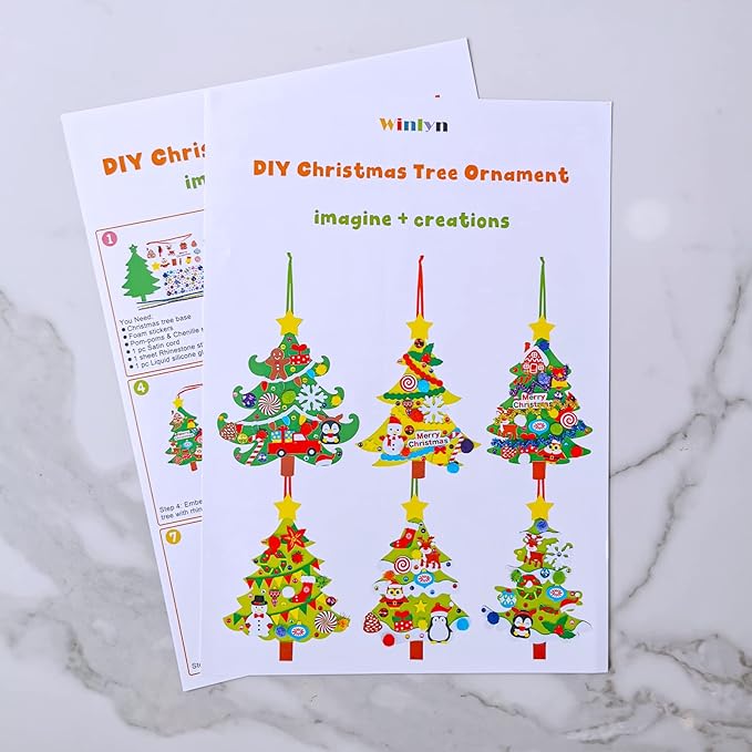 Winlyn 24 Sets Christmas Tree Ornaments Decorations Art Sets DIY Christmas Craft Kits Pine Tree Snowman Snowflake Penguin Foam Stickers Arts and Crafts for Kids Party Favors Home Classroom Activities