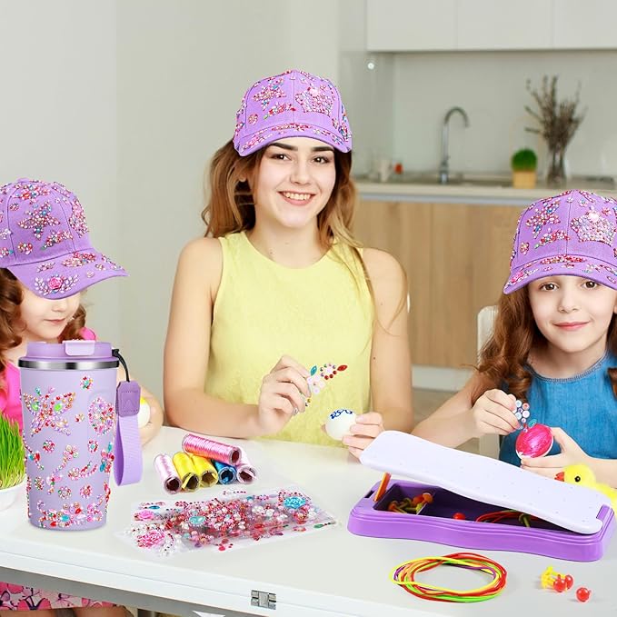 Decorate Your Own Water Bottle and Baseball Cap Bracelet Making Kit Set DIY Arts and Crafts Gifts for Girls Butterfly Gems Crafts Stickers for Girls Christmas Birthday Gifts(Purple)