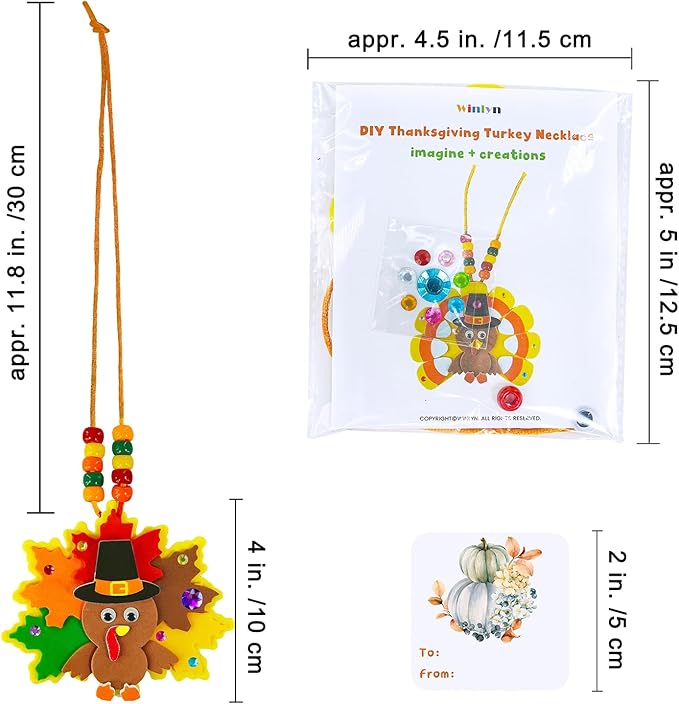 Winlyn 24 Sets Fall Craft Kits DIY Thanksgiving Turkey Necklaces Art Sets Autumn Maple Leaves Turkey Feathers Foam Thanksgiving Stickers for Kids Harvest Home Classroom Activities Party Favors