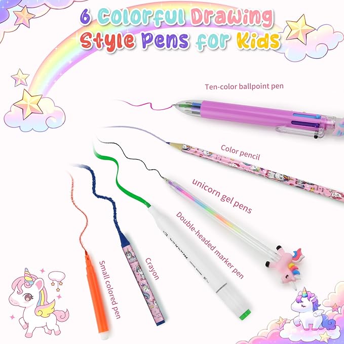 JAMIEWIN Markers Set with Glitter Unicorn Pencil Case, 59 Pcs Art and Craft Supplies Kit for Kids, Unicorn Gifts for Girls 4-9 Year Old for Christmas Birthday