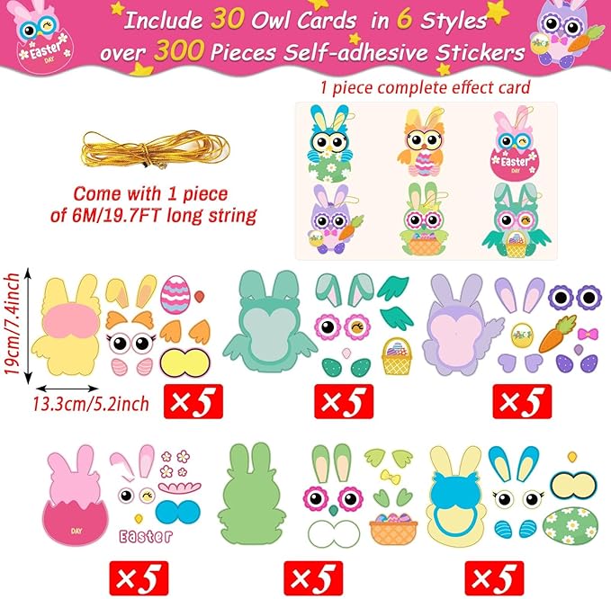 chiazllta 30 PCS Easter Paper Craft Kits DIY Owl Art Craft Make Your Own Easter Owl Bulk Set for Home Game Activities Party