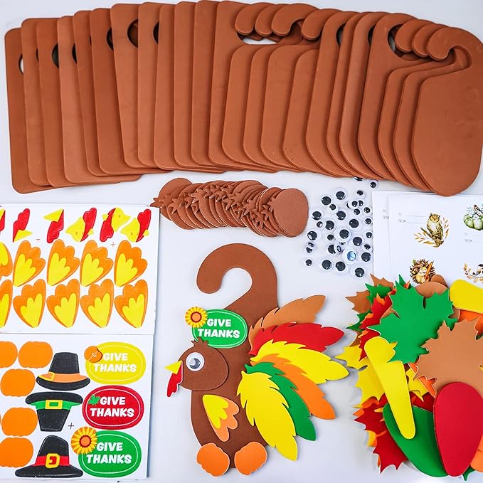 Winlyn 24 Sets Thanksgiving Turkey Doorknob Hanger Decorations Art Sets DIY Thanksgiving Craft Kits Fall Crafts Give Thanks Turkey Foam Stickers Arts and Crafts for Kids Party Classroom Activities