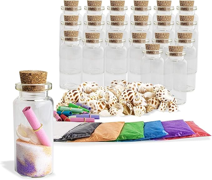 Upper Midland Products Sand Art Wishing Bottles, Bulk Sand Art She Shell Set, 20 Glass Bottles, 50 Seashells, 7 Color Sand, 20 Letter Paper, 3 funnels
