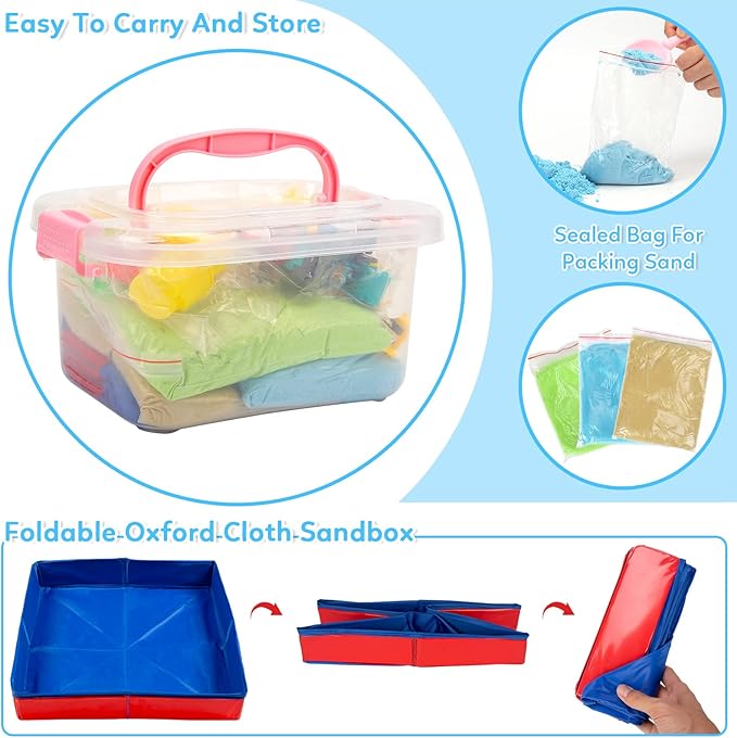 ThinkMax Sand Kit for Kids, 3lbs Sand, 6 Mini Construction Trucks, Construction Toys and Signs, Castle Sand Molds Tools, Foldable Box and Storage Bin Tote, 43PCS Sand Set for Boys Grils