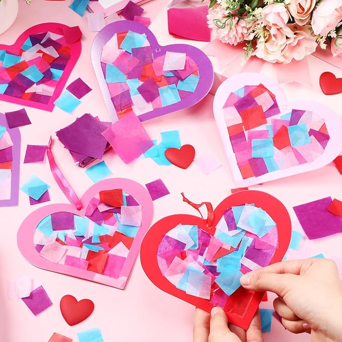 Tinlade 24 Pcs Valentine's Day Suncatcher Craft Kit Pink Heart Shaped Suncatcher Window DIY Tissue Paper Decoration Ornament for Classroom Valentines Party Favor Supplies