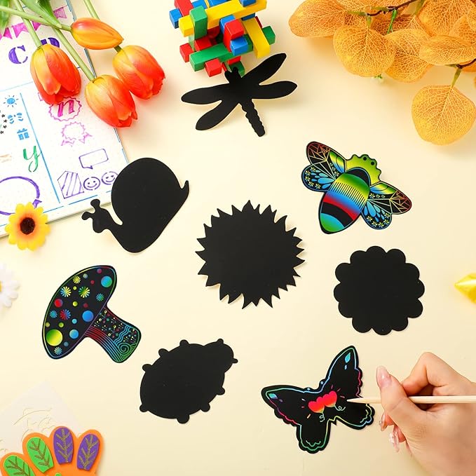 Eaasty 24 Pieces Animal Scratch Cards for Kids Butterfly Scratch Crafts Art Card Rainbow Spring Scratch Card Art Party Favors for DIY Crafts Home Decoration Project, 8 Styles