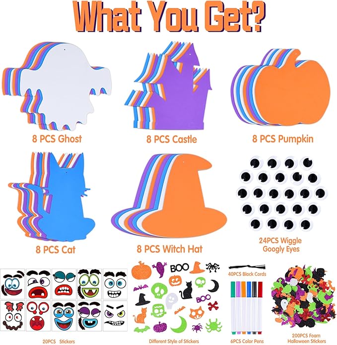 MGparty 330PCS Halloween Foam Stickers Set DIY Pumpkin Cat Ghost Castle Witch Hat Halloween Craft Kit for Kids Halloween Decorations Party Favors Supplies